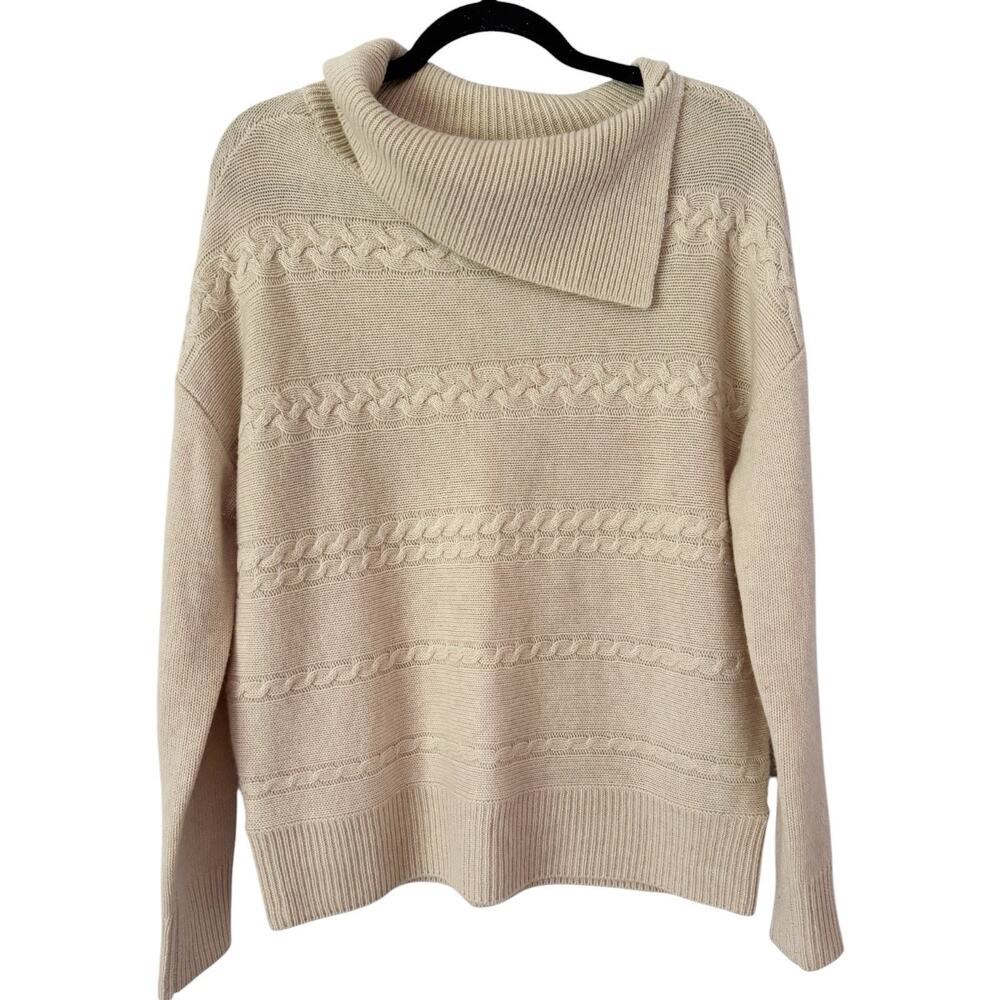Rachel Zoe 100% Cashmere Sweater Beige Cable Knit Foldover Collar Size Medium
